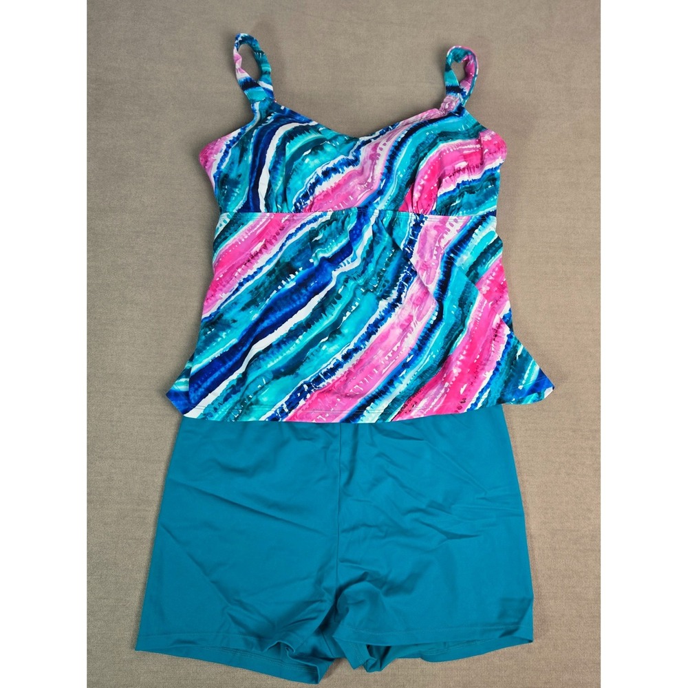 Kim Gravel x Swimsuits For All Trendy Printed Tankini w Bike Shorts Size 14 Teal